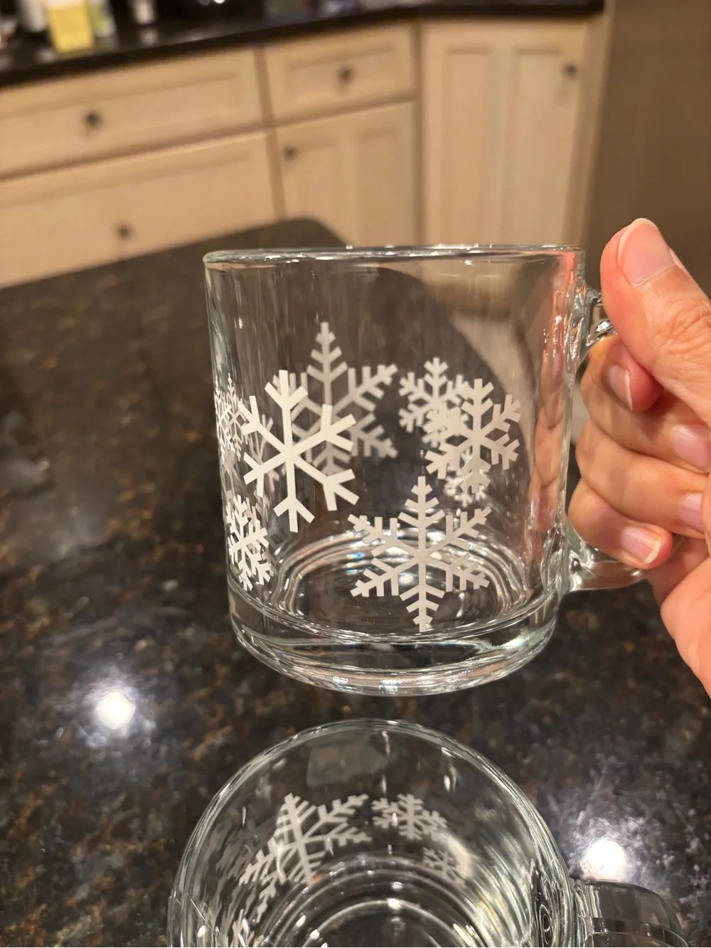 Crate & Barrel Set of 3 Snowflake White and Clear Glass Mugs. Made In USA New!